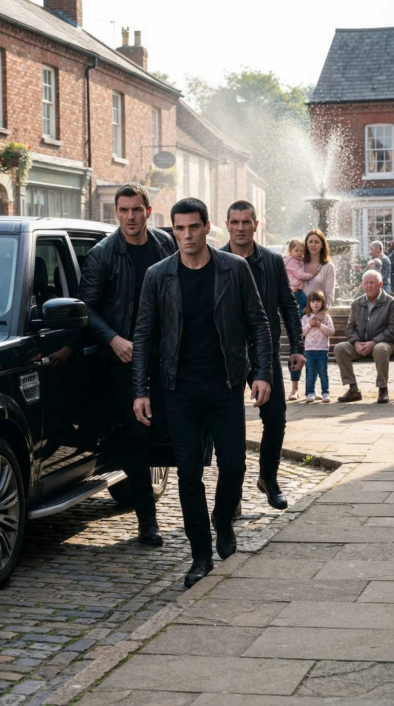 A black SUV parks at the edge of the square and men in dark clothes climb out.