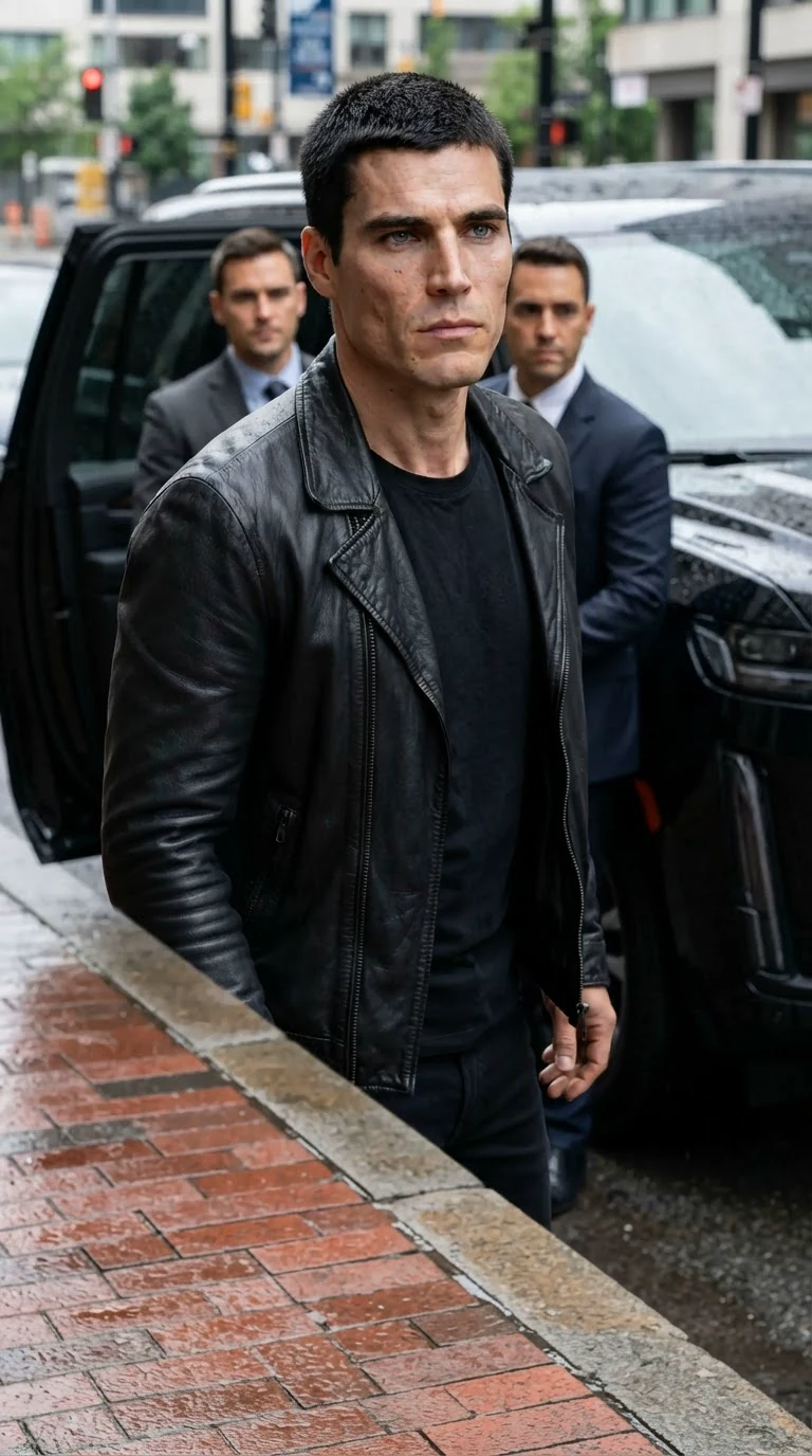 A tall Alpha with cold gray eyes and short black hair steps out of the SUV in a leather jacket.