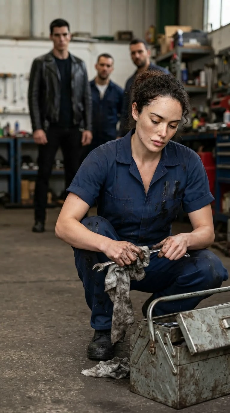 The repairwoman keeps her head down, wiping a wrench with her shoulders loose.