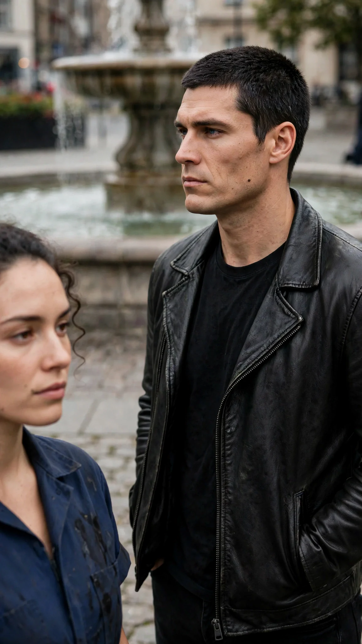 The Alpha looks over the fountain with no interest, hands in his jacket pockets.