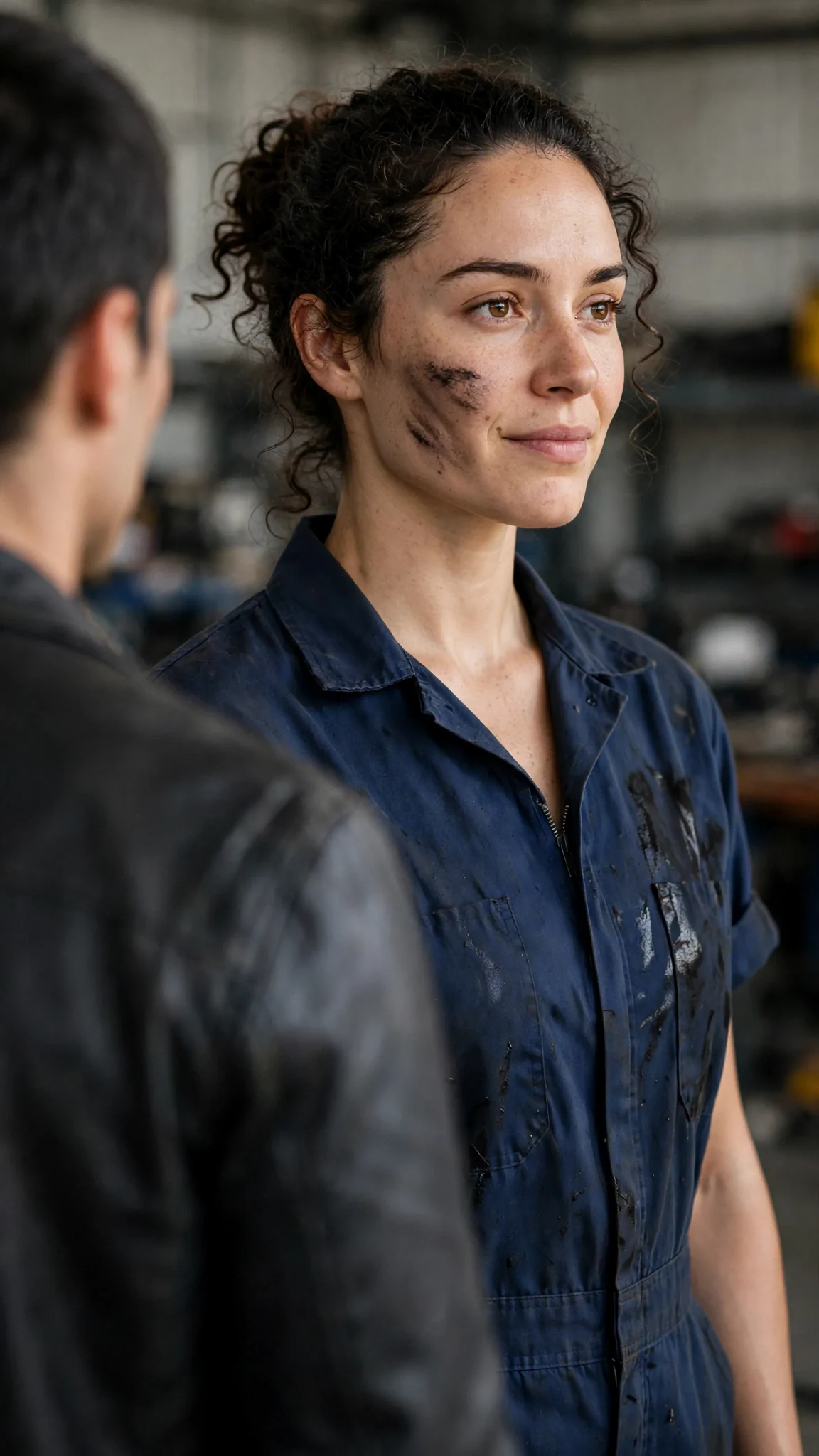 Close on the repairwoman's dry smile as she answers him sweetly.