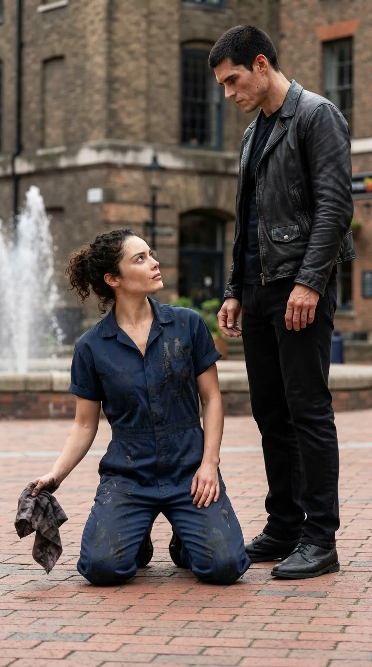 The repairwoman looks up at the Alpha, wary, while he stares down at her.