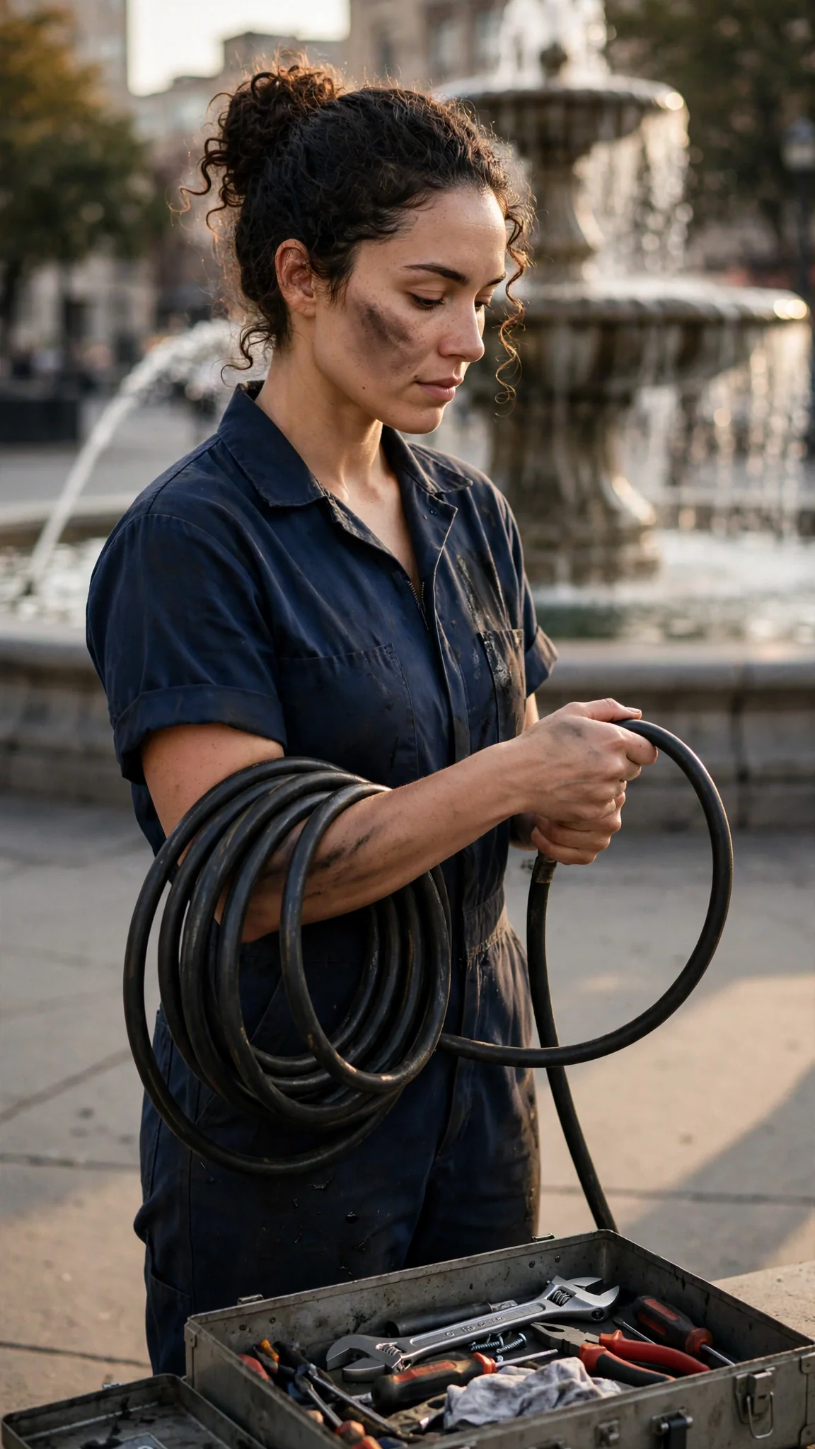 Nola alone on the sidewalk, coiling a hose around her elbow.