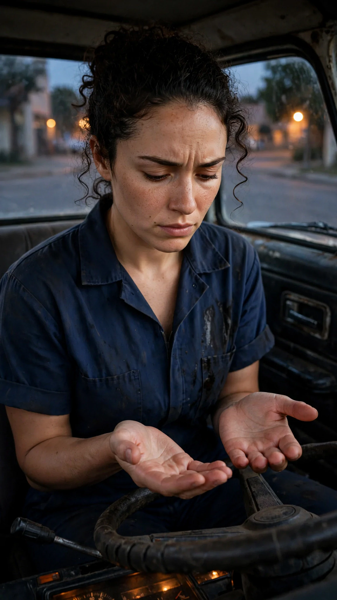 Nola sits in her truck at a red light, staring at her own palms.