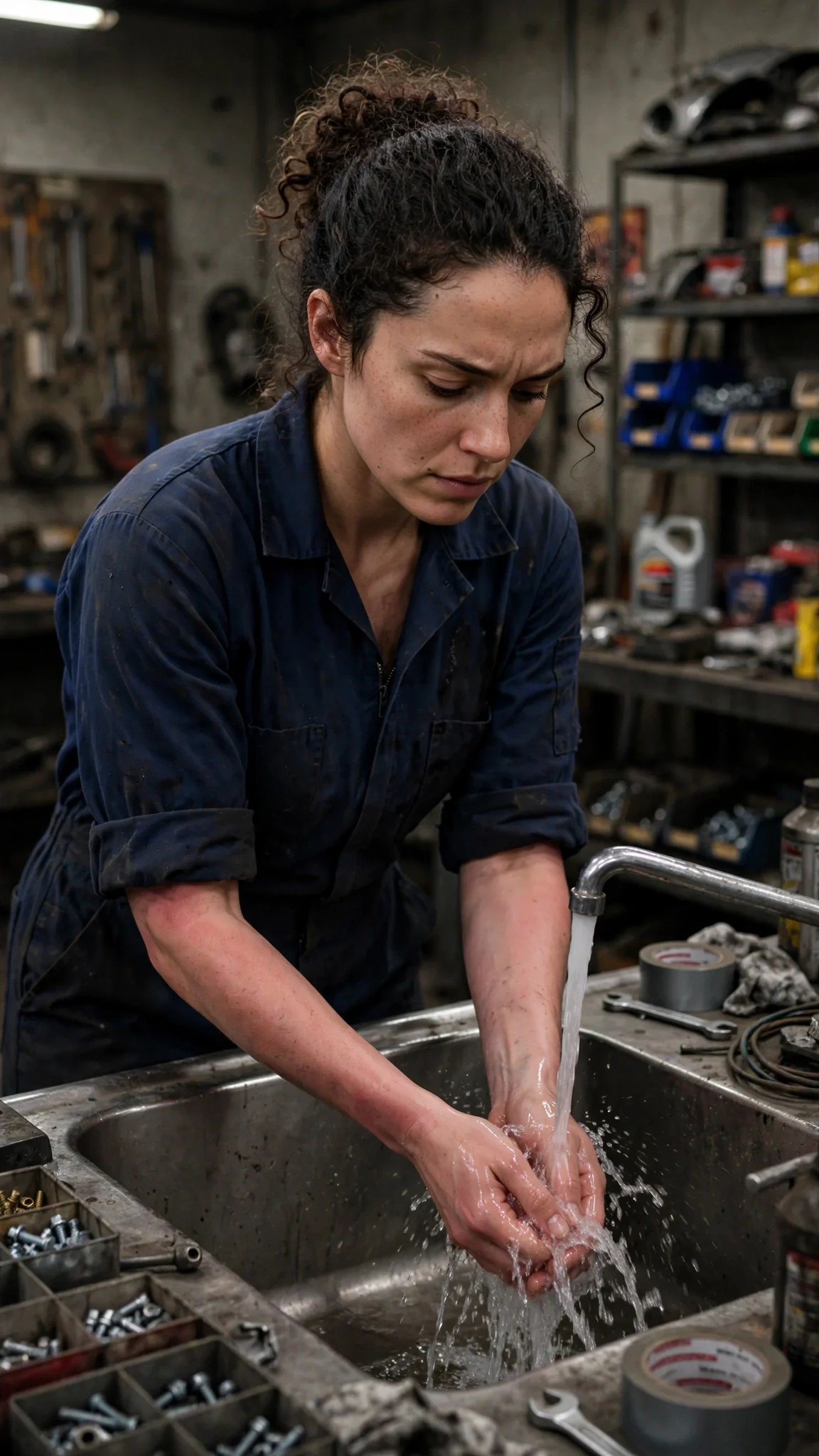 Nola holds her hands under cold running water at the shop sink.