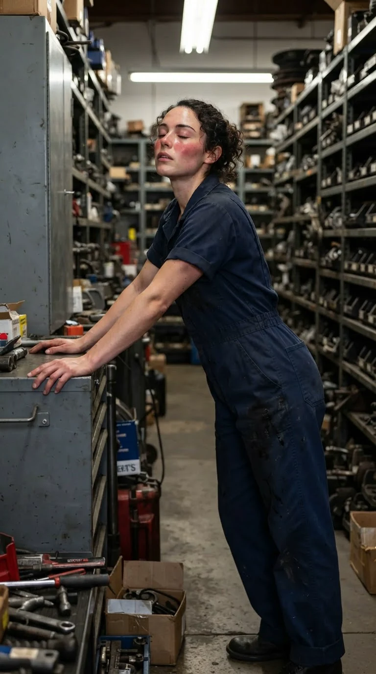 Nola backs against a metal parts cabinet, hands flat on the cold steel.