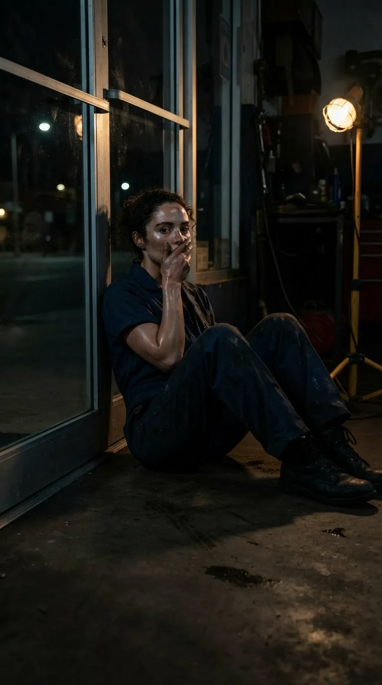 Nola sits on the shop floor with her back against the locked door.