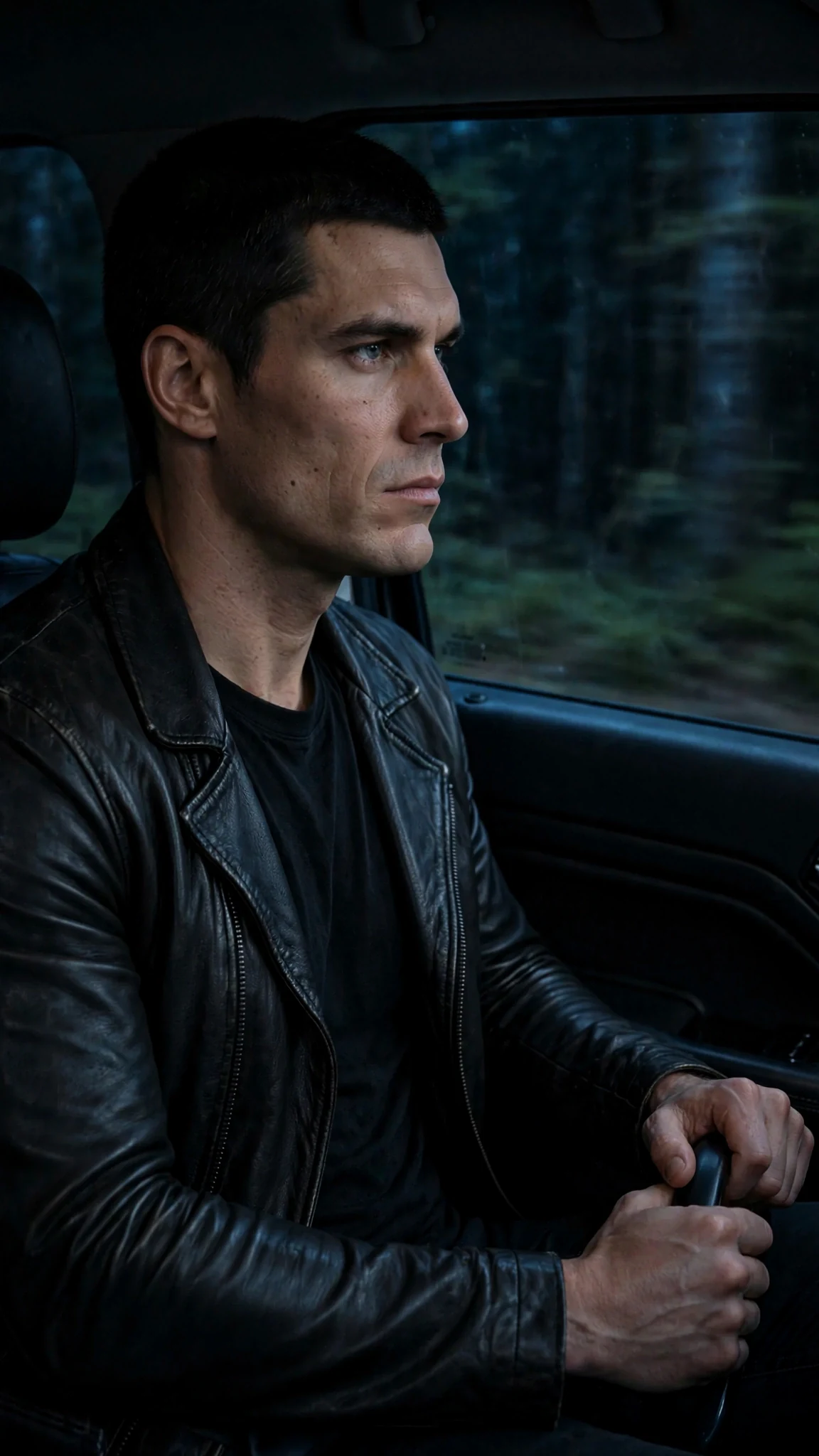 Merrick sits in the back of a black SUV, white-knuckled grip on the door armrest.