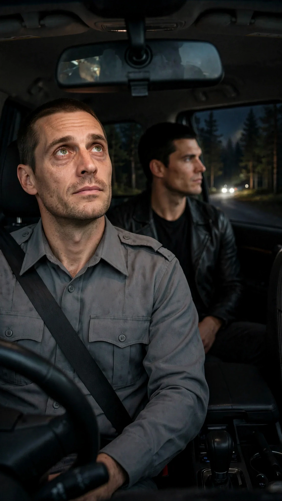 Foster glances at Merrick in the rearview mirror while driving.