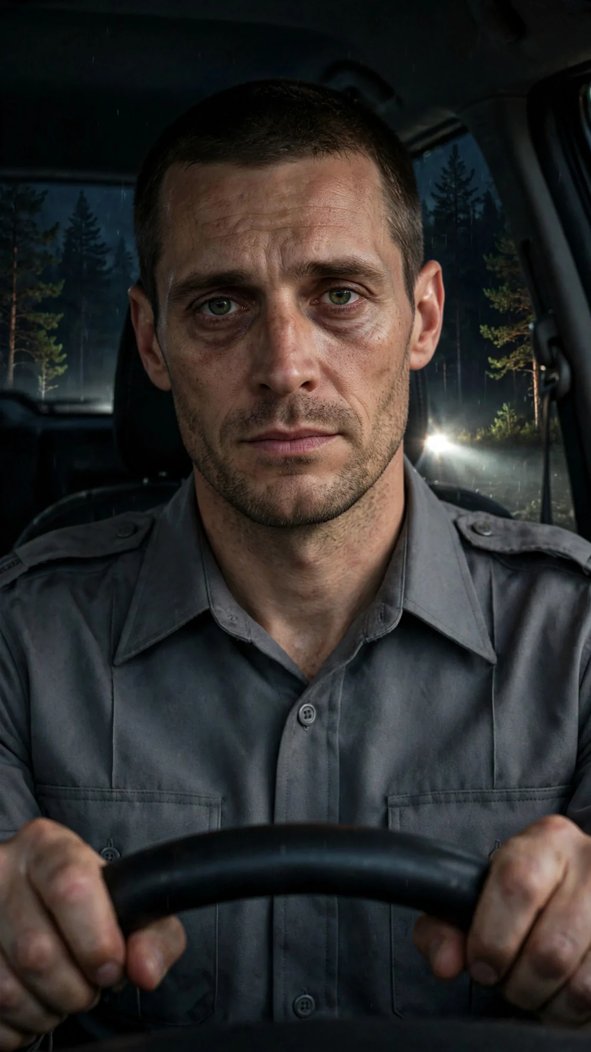 Foster drives the dark road, jaw tight, eyes on the headlights.