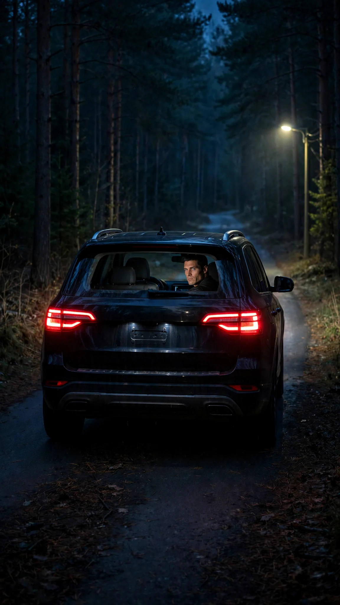 The black SUV drives away down a dark road through pine trees.