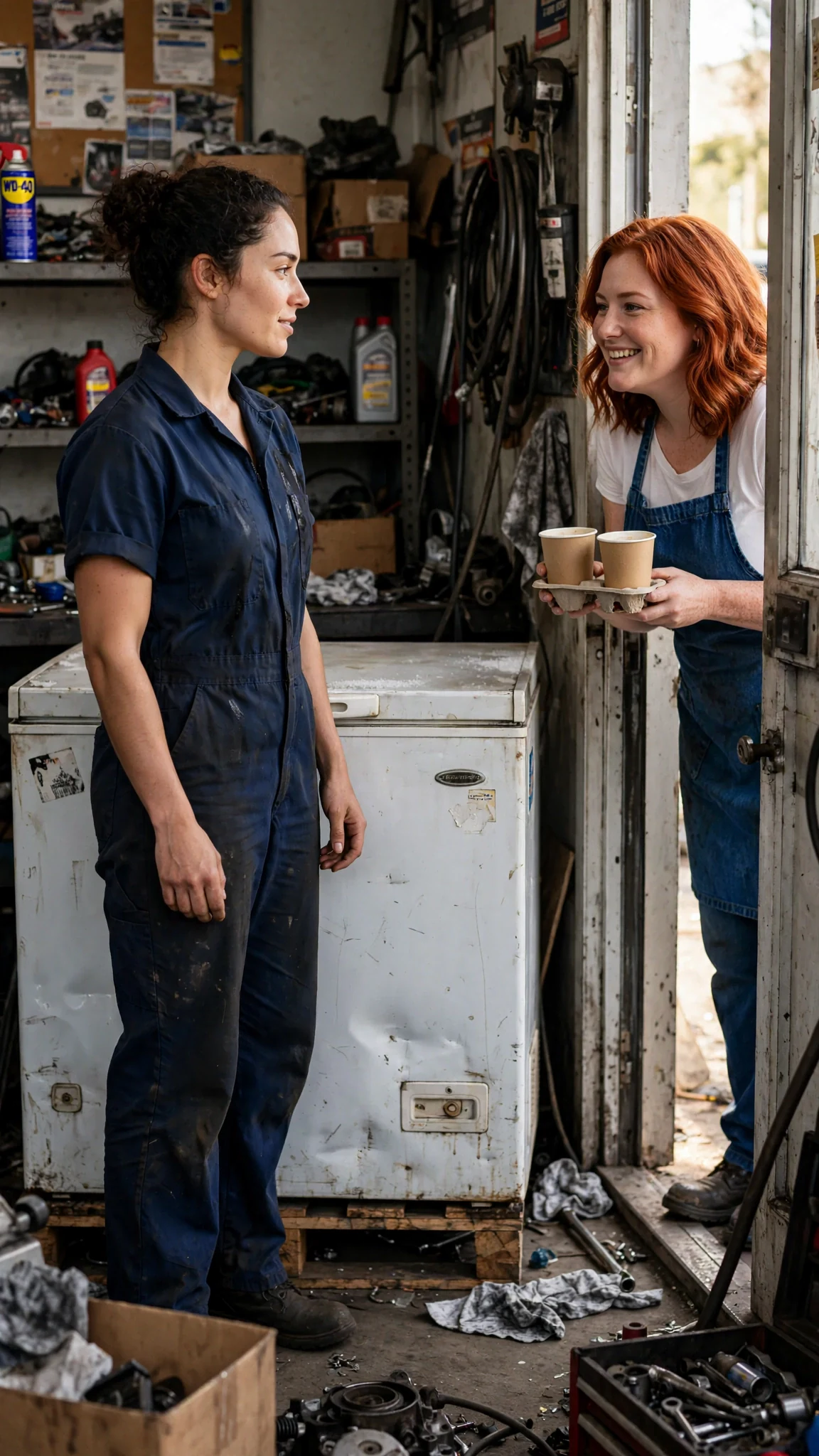 Nola stands beside a dead chest freezer in her shop while Dora leans in the doorway with two coffees.