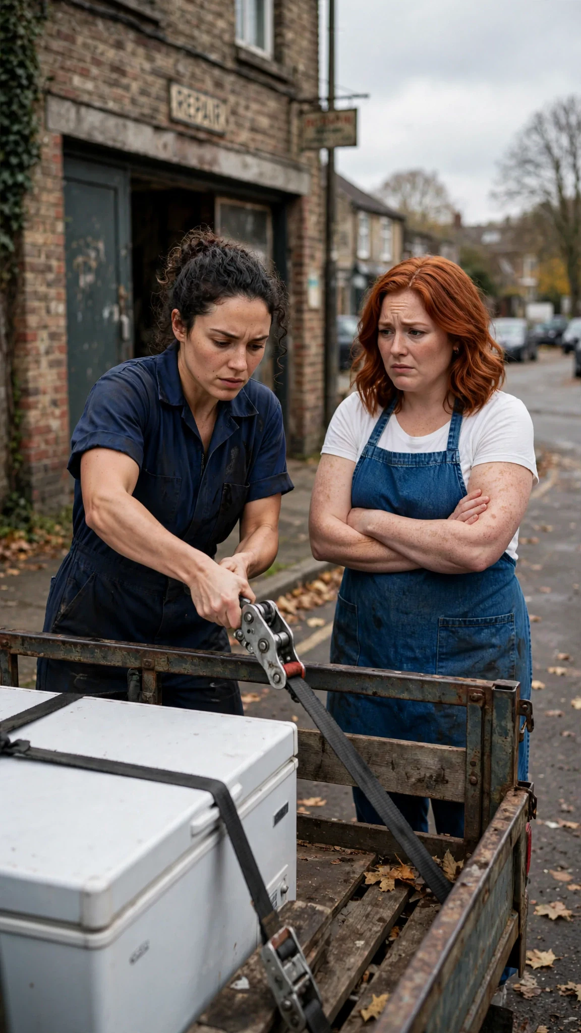 Nola straps the freezer onto a flatbed truck outside her shop while Dora argues with her.