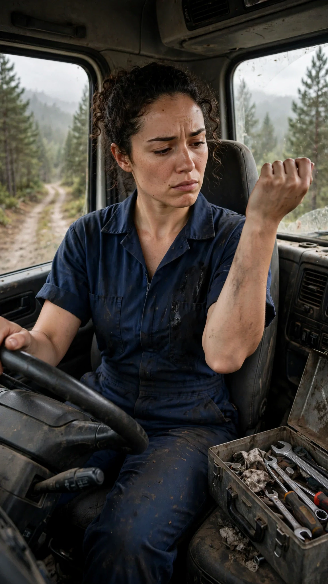Nola drives north through pine forest, one hand on the wheel, frowning at her own arm.