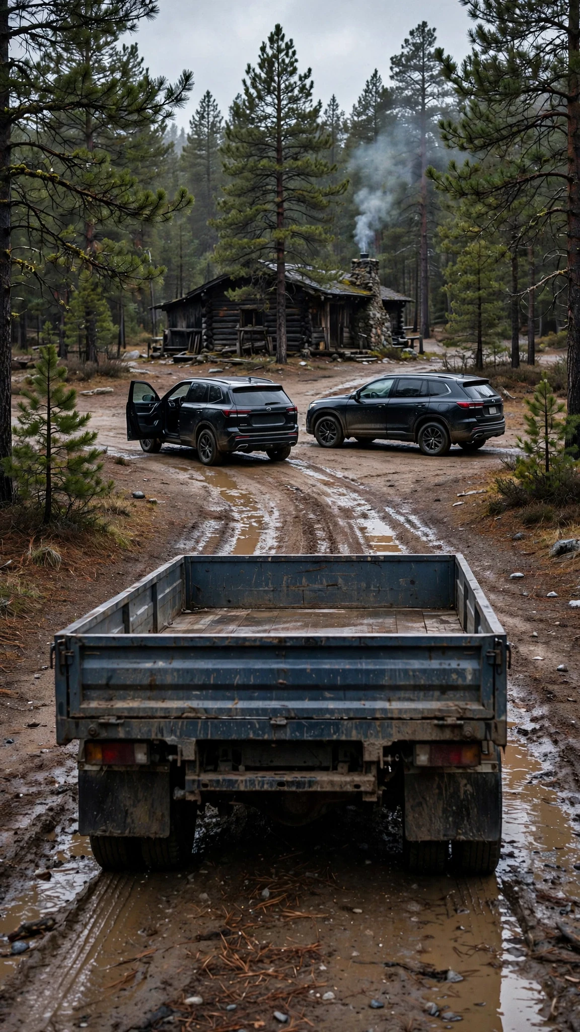 A dark wooden ranger cabin at the end of a dirt track, two black SUVs parked outside.