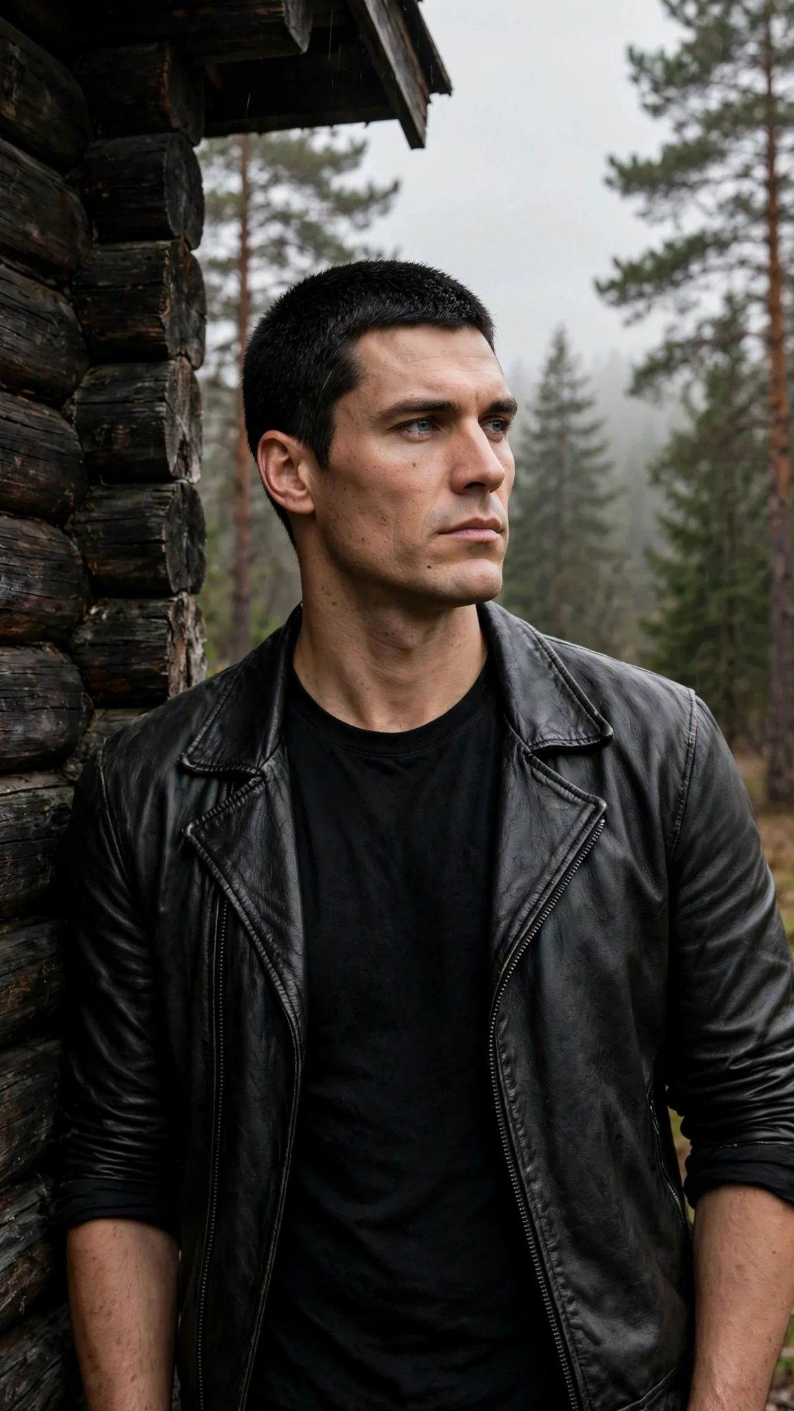 Merrick steps around the cabin corner, sleeves rolled up, gray eyes flat and unwelcoming.