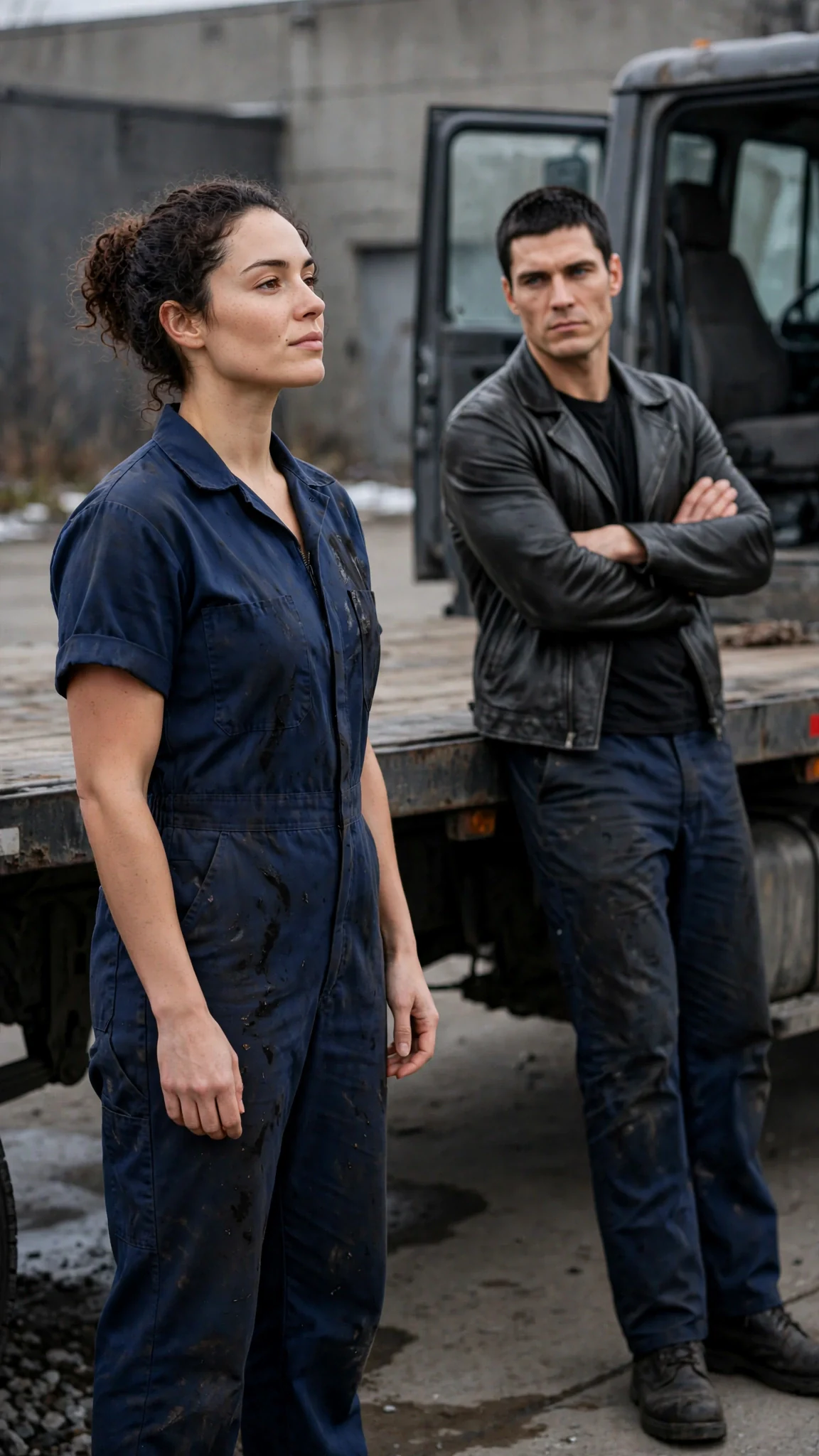 Nola and Merrick face each other outside the cabin, her chin up, his expression unmoved.