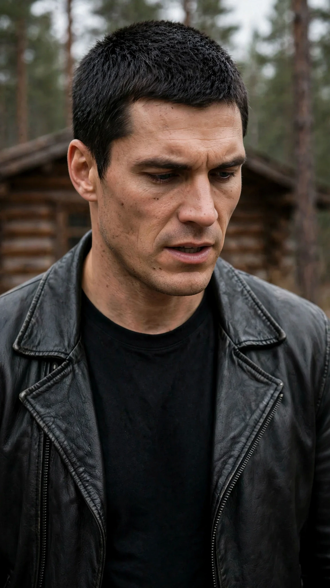 Close on Merrick's cold face as he gives her orders outside the cabin.