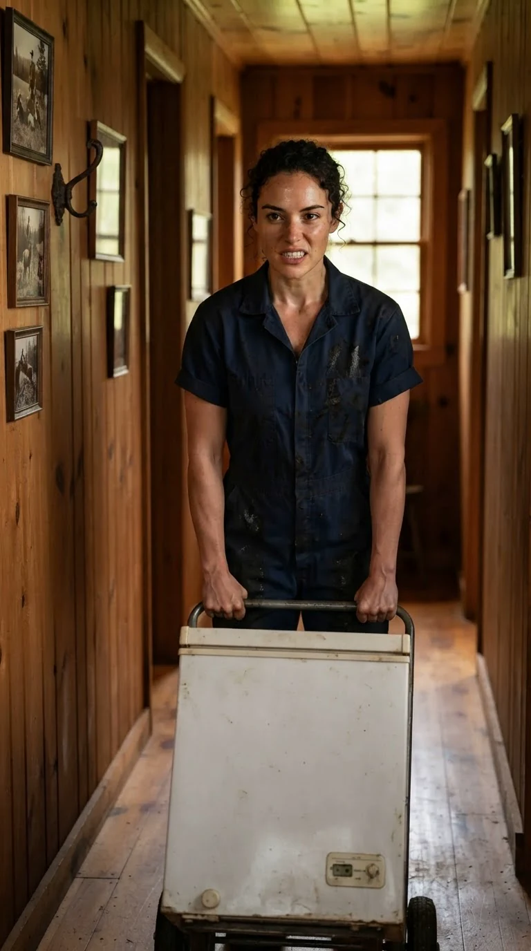 Nola drags the heavy freezer down a narrow cabin hallway, jaw clenched.