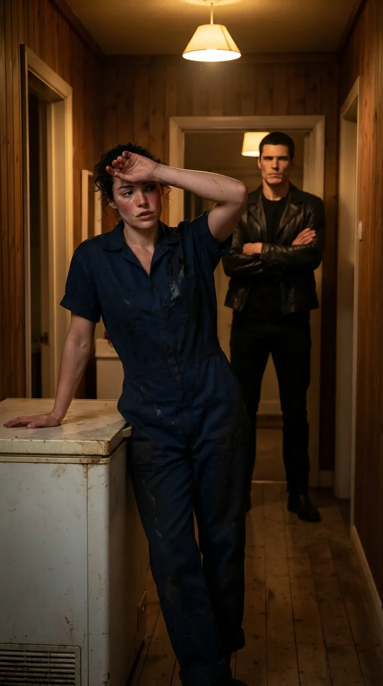 Merrick watches from the hallway doorway as Nola leans on the freezer, sweating.