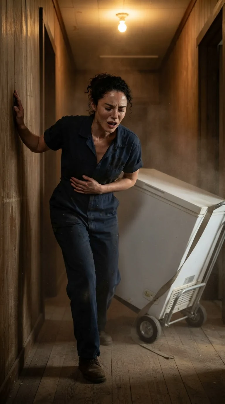 Nola doubles over in the hallway, the freezer tipping beside her.