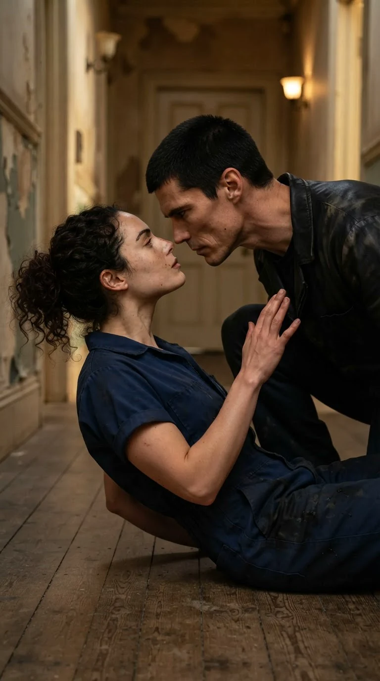 Merrick crouches close to Nola on the floor, nose almost at her hair, both faces tight with tension.