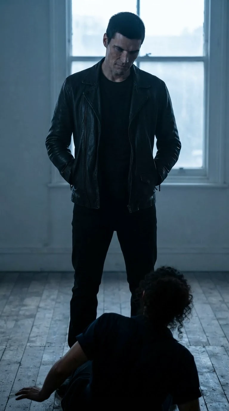 Merrick stands over Nola on the cabin floor, hands in his jacket pockets, looking down with contempt.