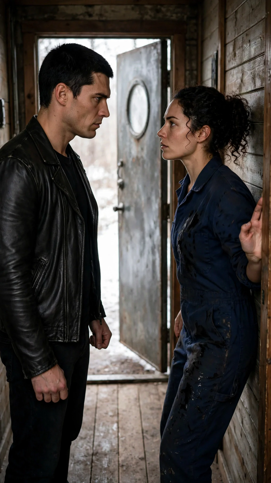 Merrick and Nola frozen a few feet apart, both breathing hard, the cabin door behind him.
