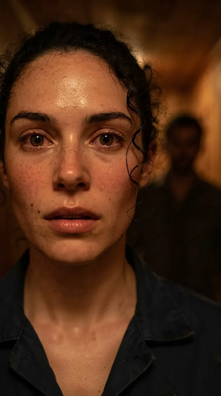 Close on Nola's eyes, fear and want fighting in her face, the cabin blurred behind.