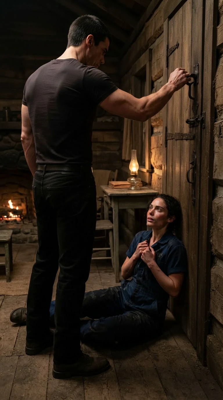Merrick locks the cabin door while Nola watches from the floor.