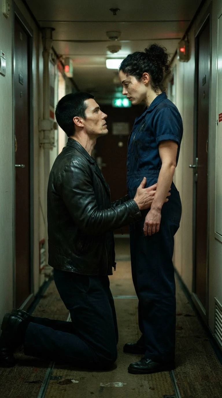 Merrick kneels in front of Nola, his hands on her hips, both still clothed.
