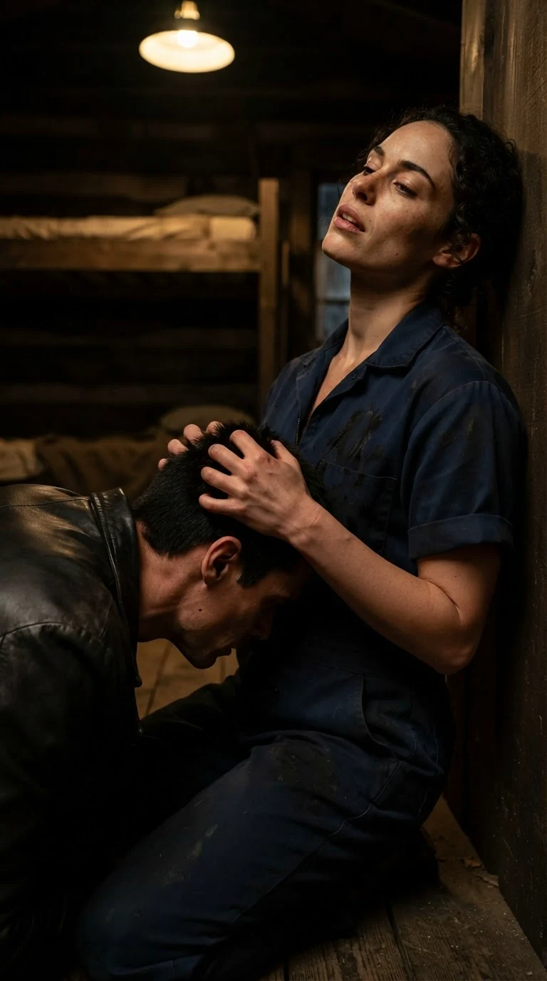 Nola throws her head back, her hand in Merrick's hair.