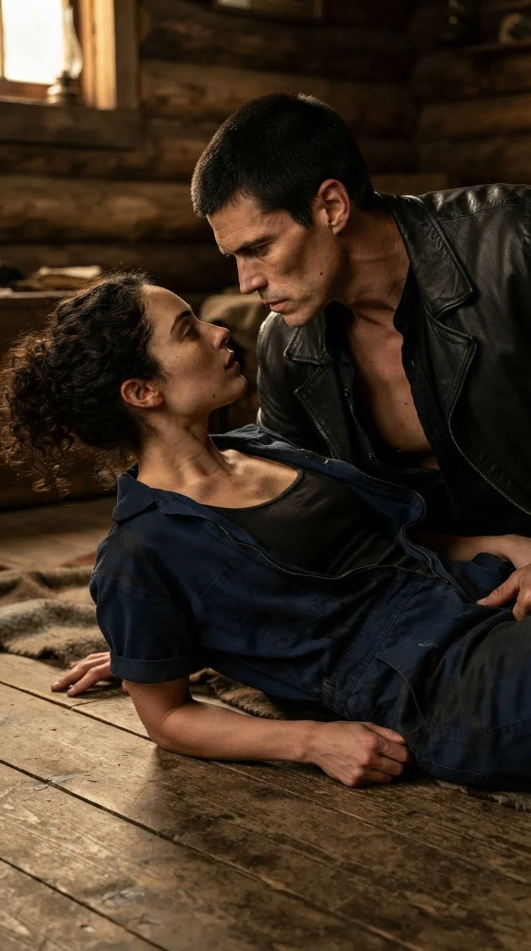 Merrick presses Nola to the cabin floor, his shirt open, his face hard.