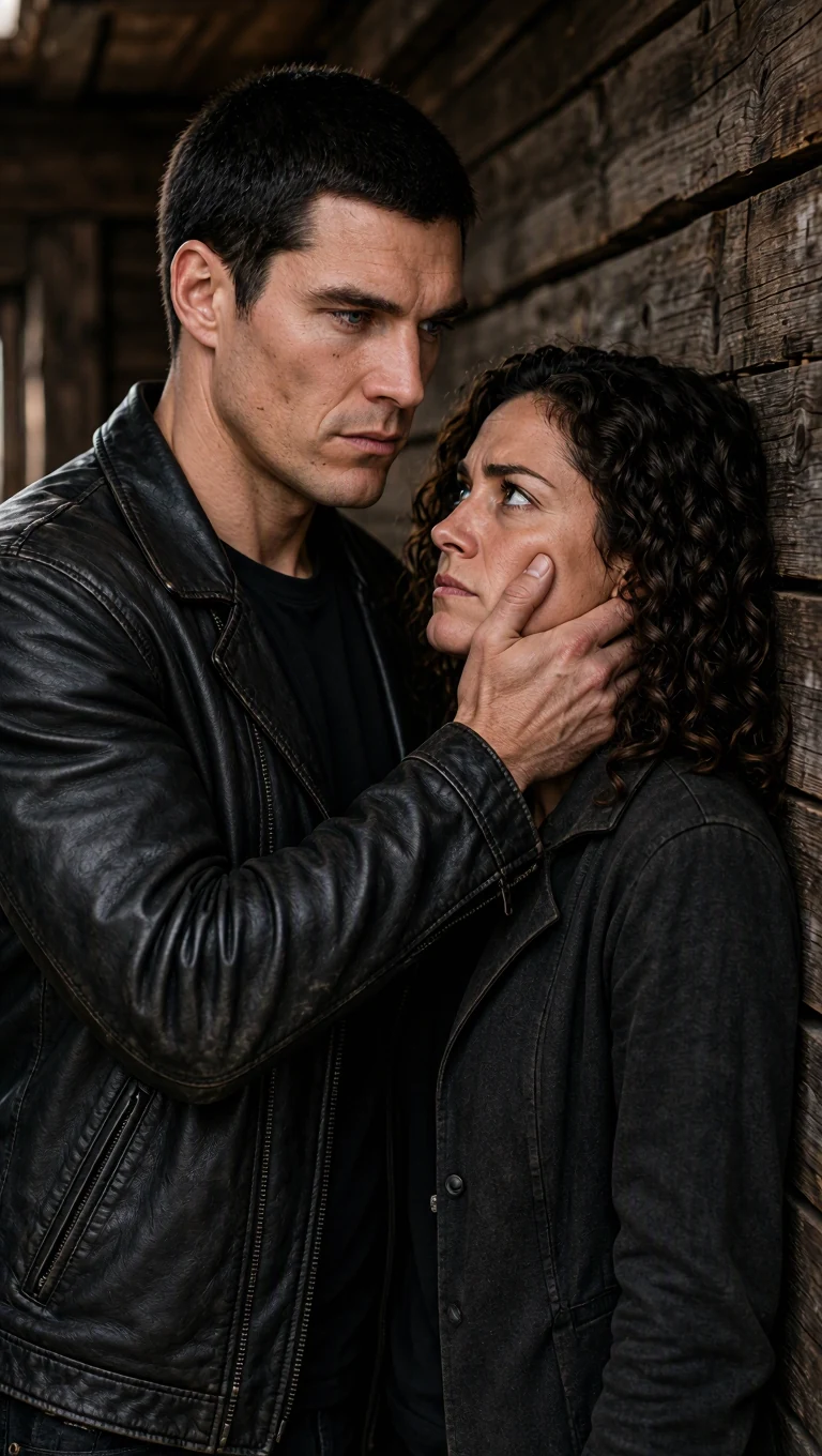 Merrick grips Nola's jaw hard, his face inches from hers.