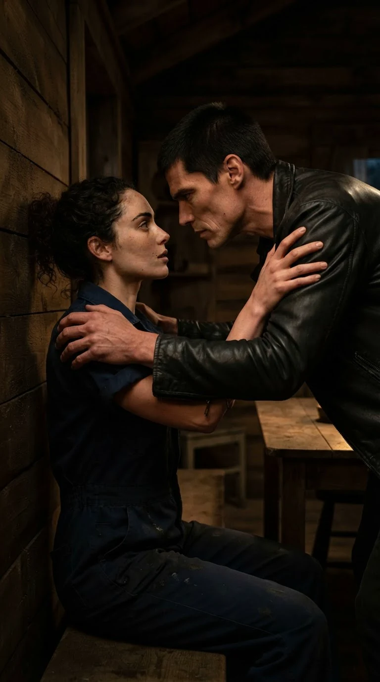 Merrick leans over Nola in the dim cabin, his face close and hard.