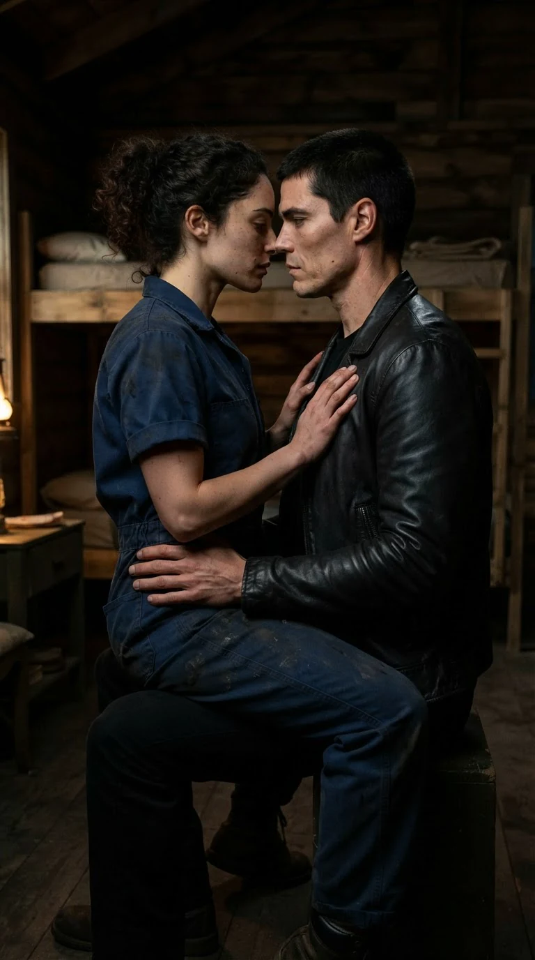 Nola sits above Merrick in the dark cabin, his hands on her hips.