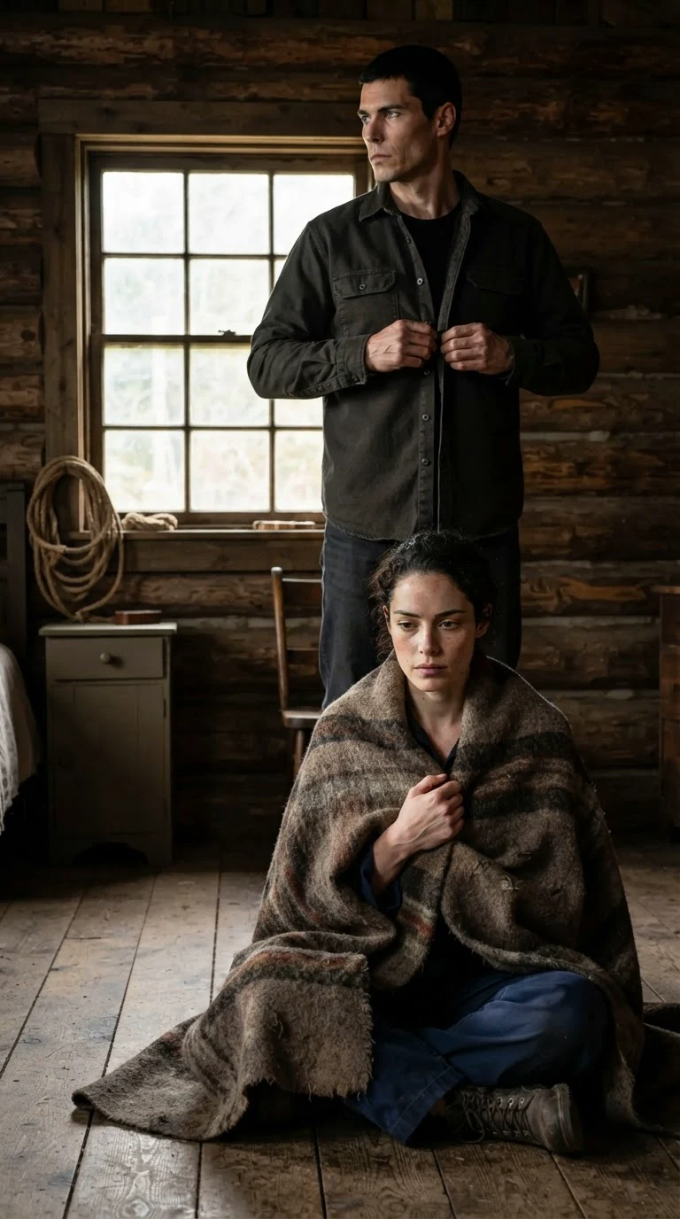 Merrick stands by the cabin window while Nola sits wrapped in a blanket.