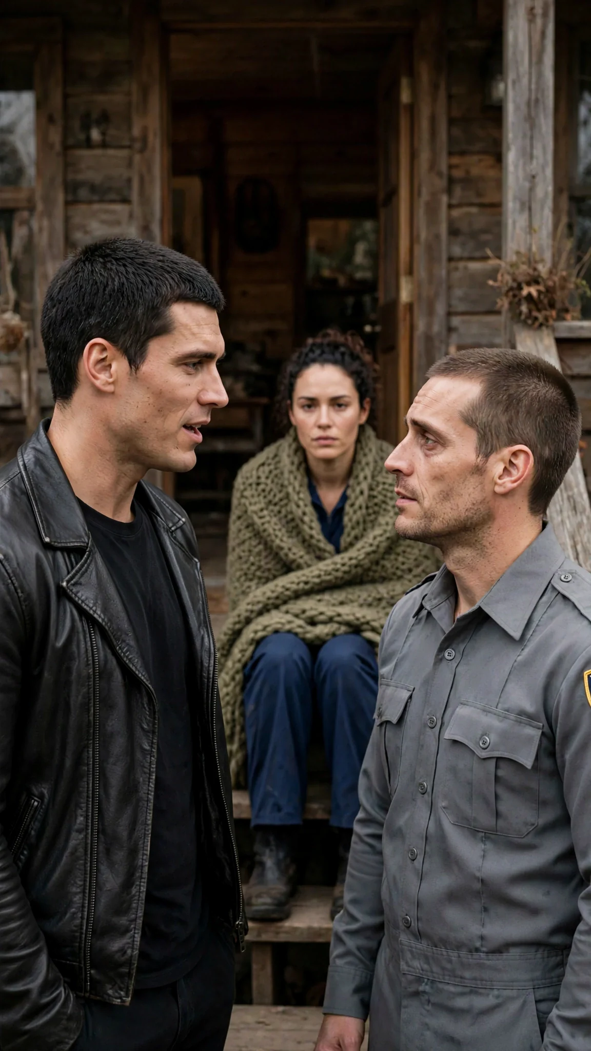 Merrick speaks to Foster at the cabin door while Nola sits behind them.