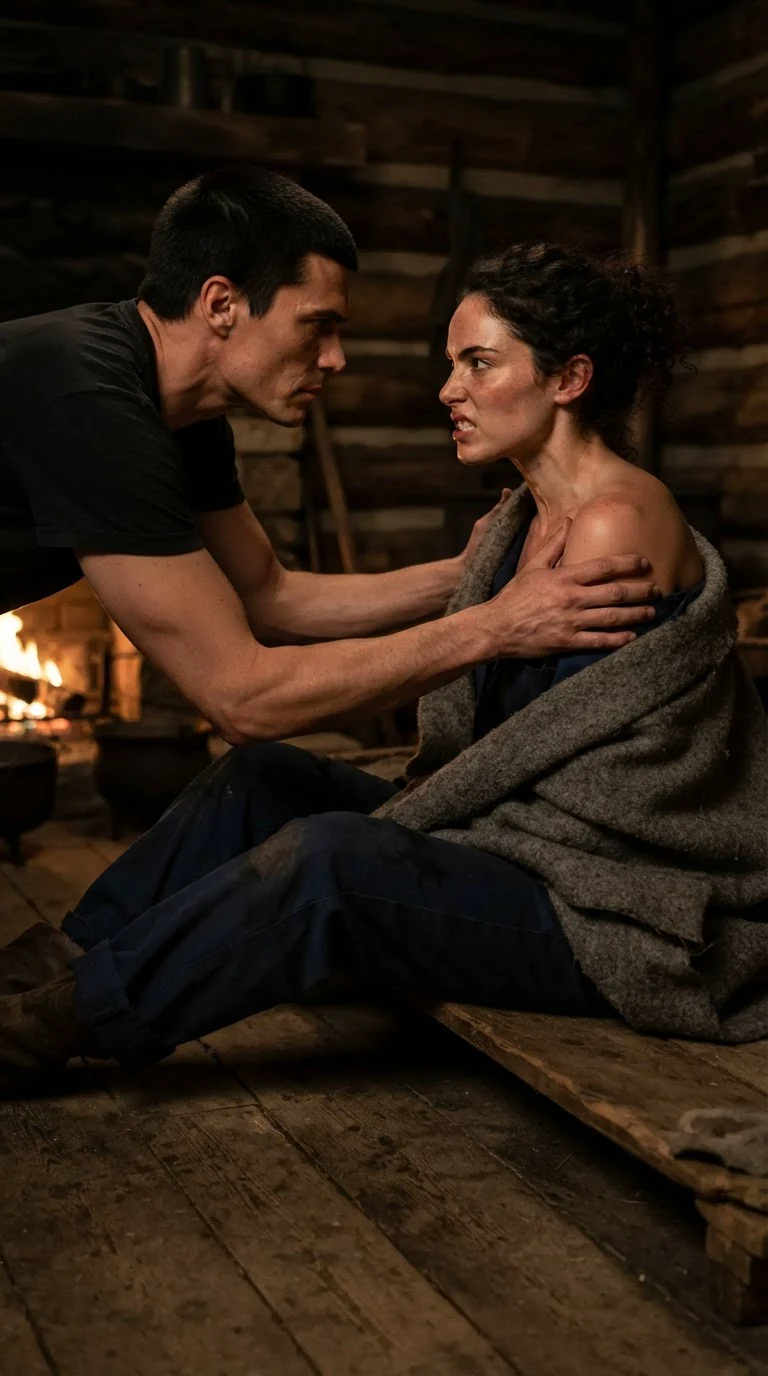 The Alpha crouches and pulls the blanket off her shoulder.