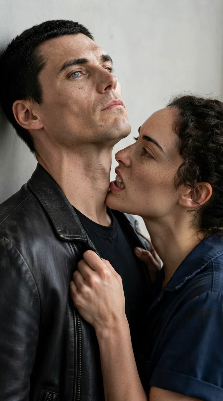 She drags him down by his shirt and puts her mouth on his throat.