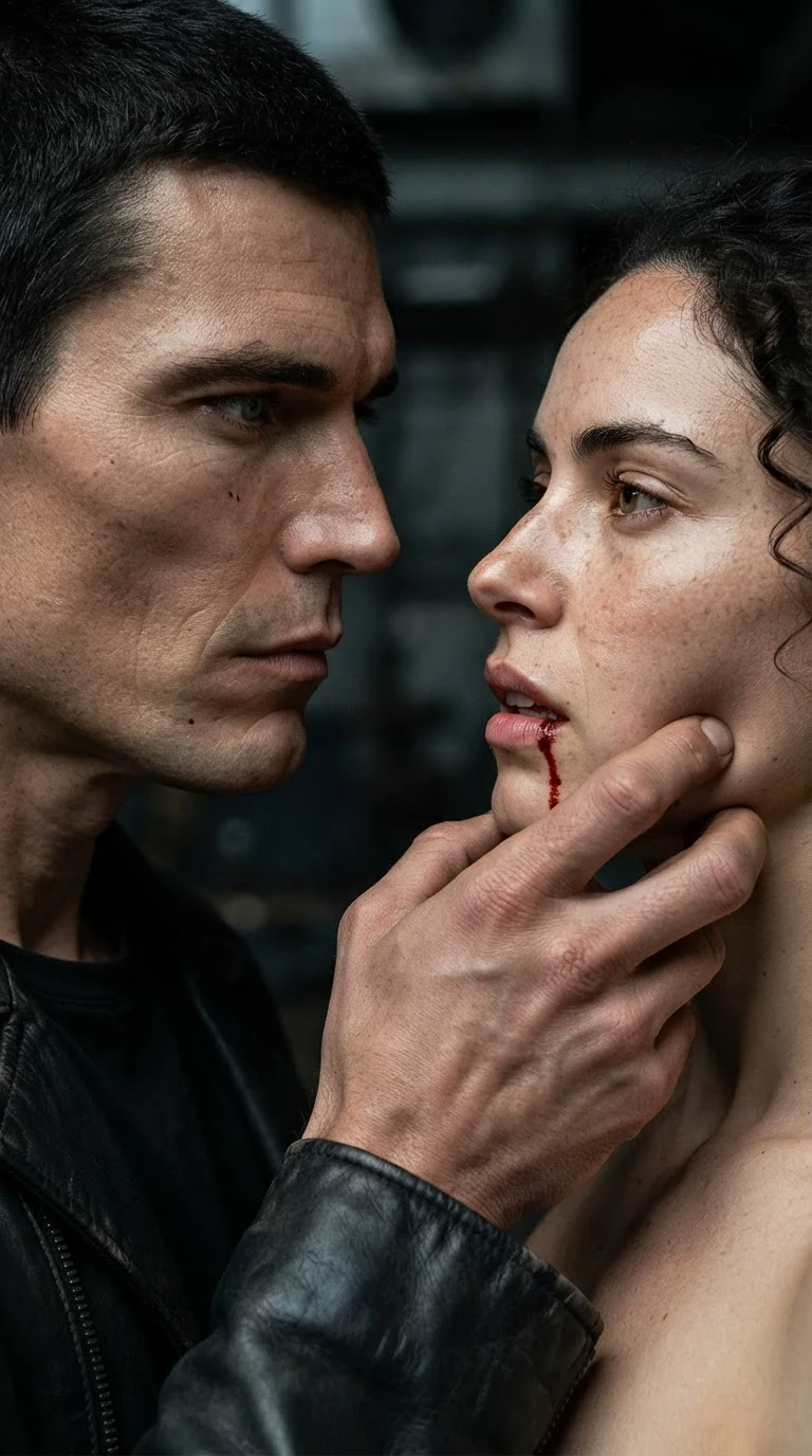 His hand clamps her jaw and blood shows on her lip.