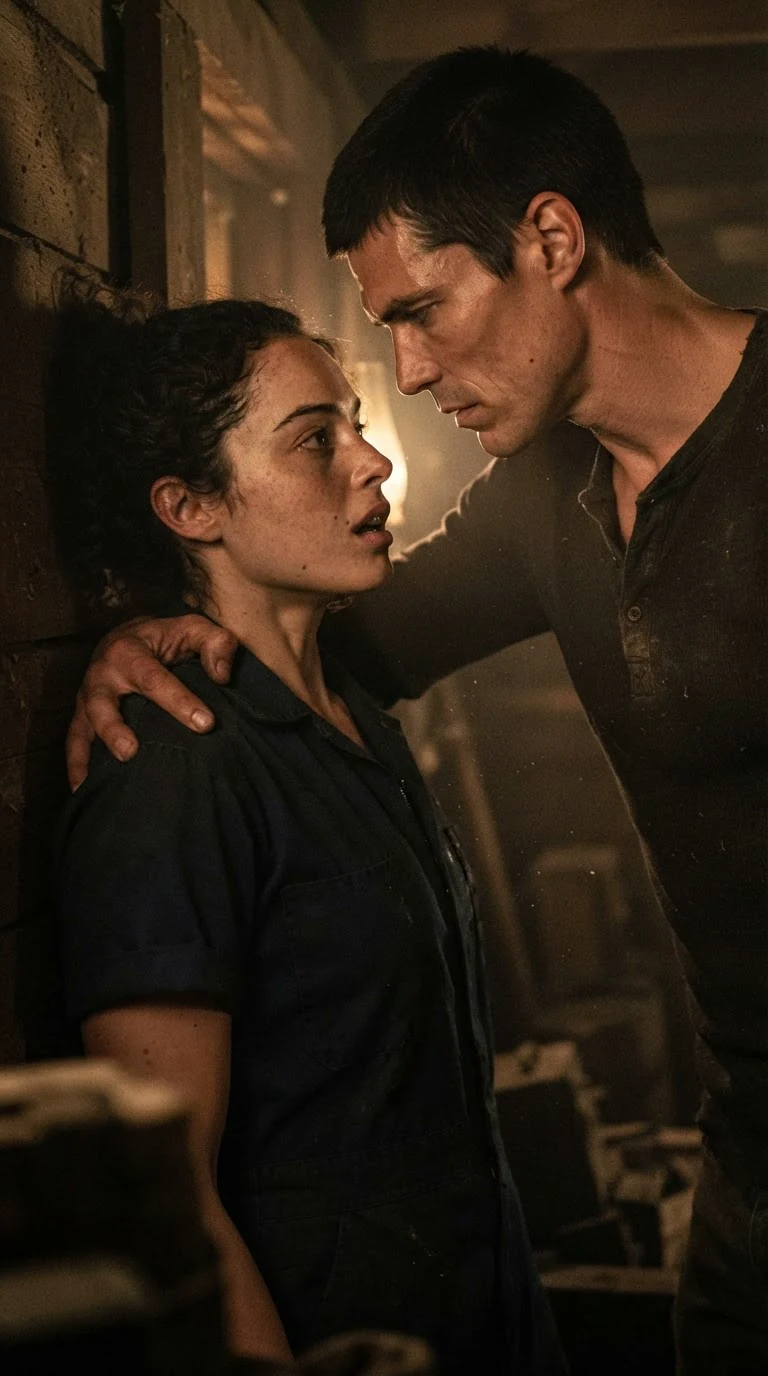He shoves her down and the bed frame knocks the wall.