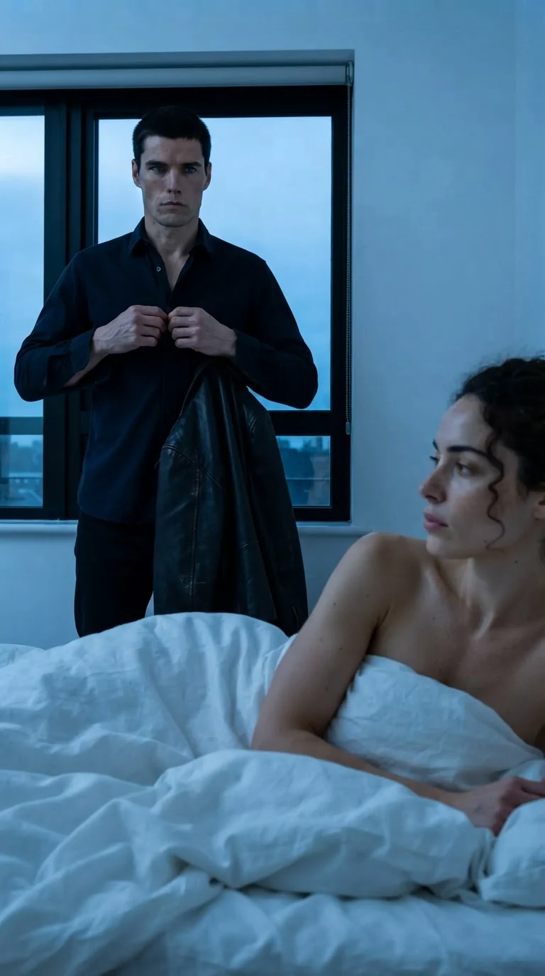 He stands by the black window pulling on his shirt without looking at her.