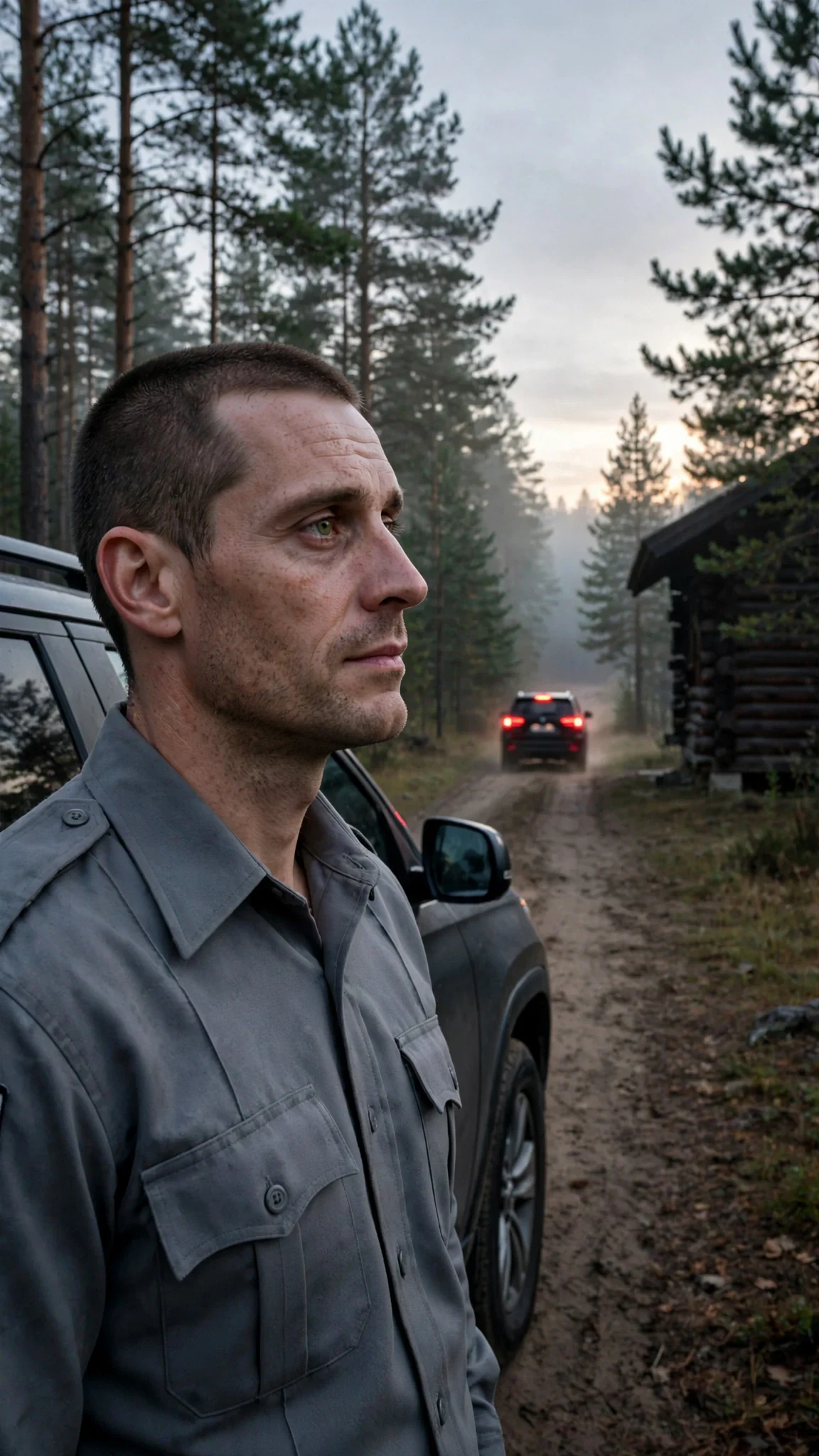 The black SUV pulls away down the dirt track into the dark pines.