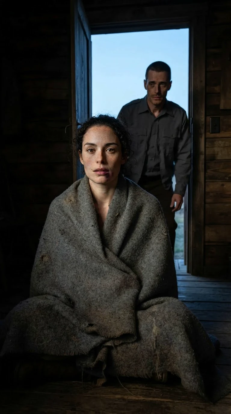 A bruised woman in a blanket sits on a cabin floor while a man in a gray deputy jacket stands in the doorway.