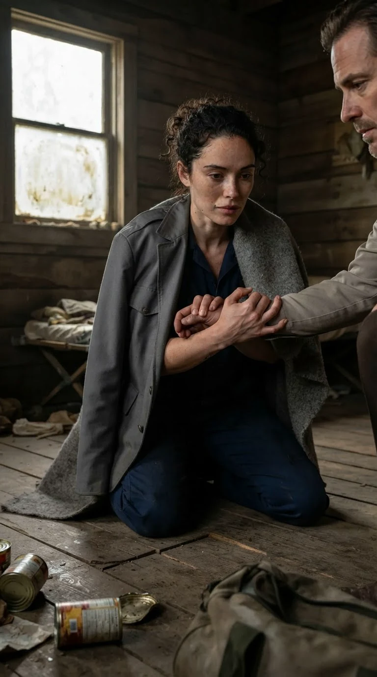 The same woman half-risen on the floor, one knee down, gripping the man's arm.