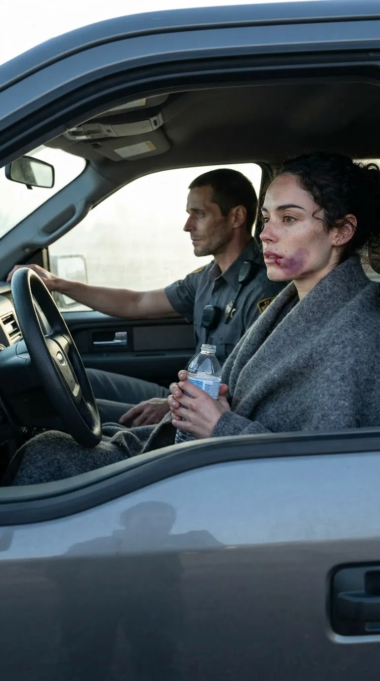 The woman in the passenger seat of a gray truck holding a water bottle, jaw bruised.