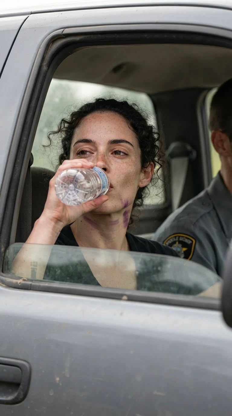 The woman drinks from a bottle while her jaw bruise shows in the truck mirror.