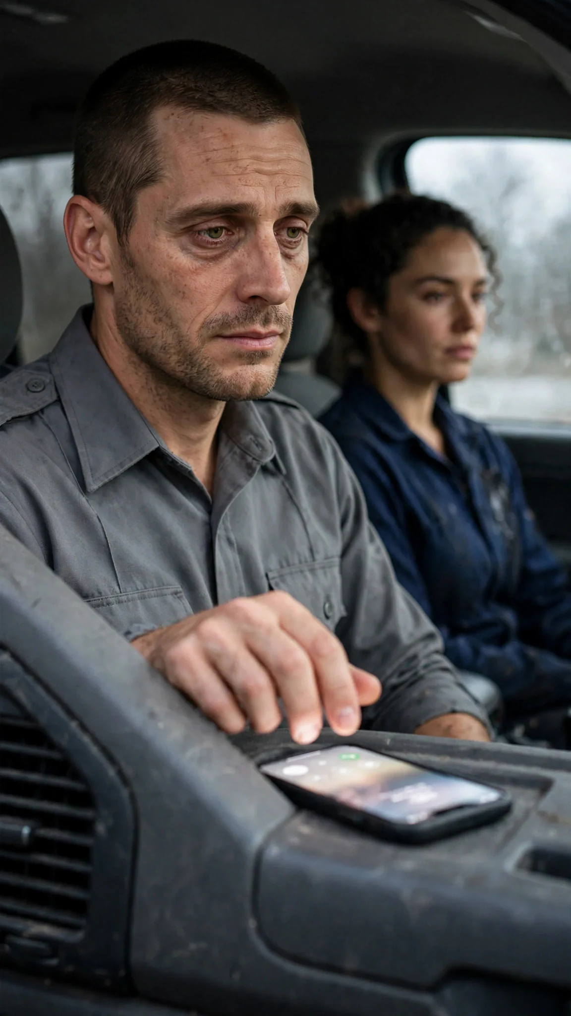 A phone buzzes on a truck dashboard while the driver looks at it.