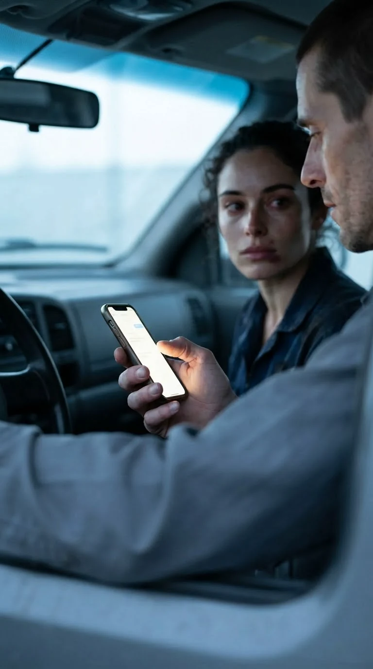 Close on the phone in the deputy's hand, the woman's bruised jaw behind it.